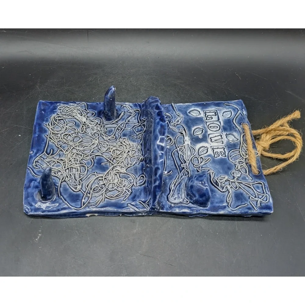 Handmade Studio Pottery Love Wall Hanging Cobalt Blue Ceramic Shelf with Pegs 8